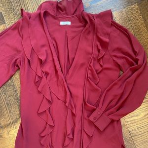 Maroon Reiss Button Up Chiffon Ruffle Blouse